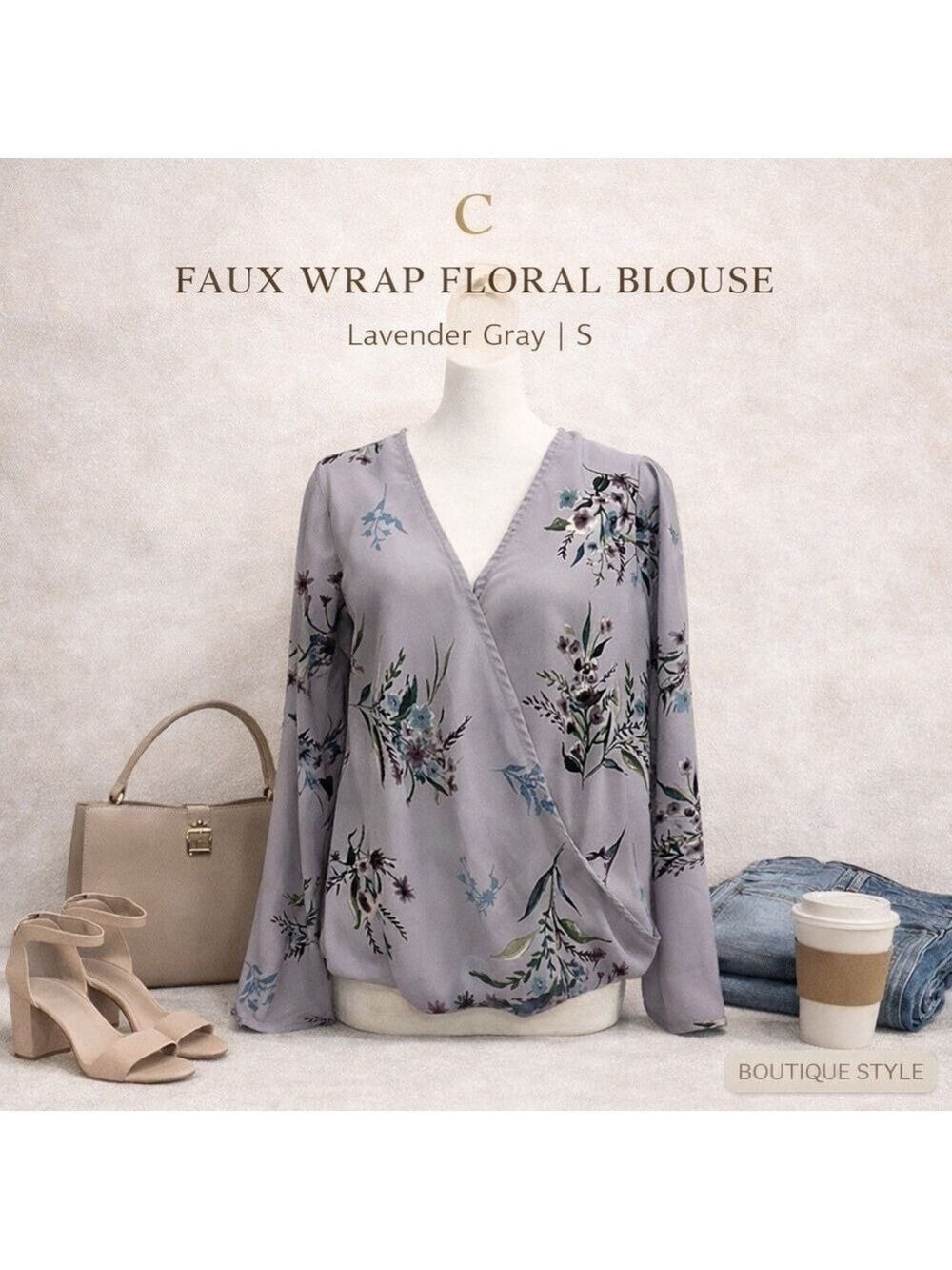 Lavender Gray Floral Faux Wrap Blouse Size Small Long Sleeve Surplice Top